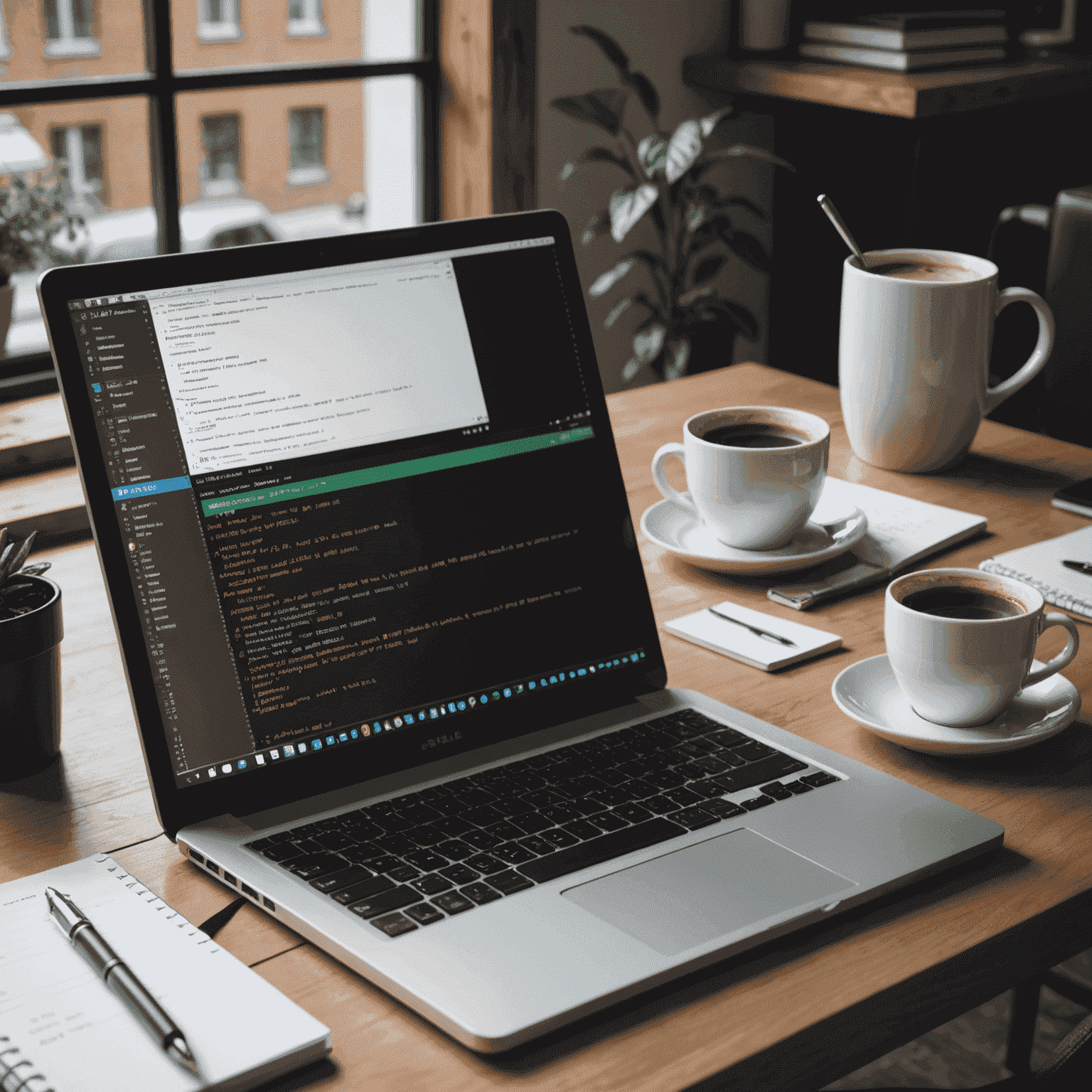 Изображение компьютера с кодом на экране, рядом блокнот с заметками и чашка кофе. Атмосфера рабочего места начинающего программиста.