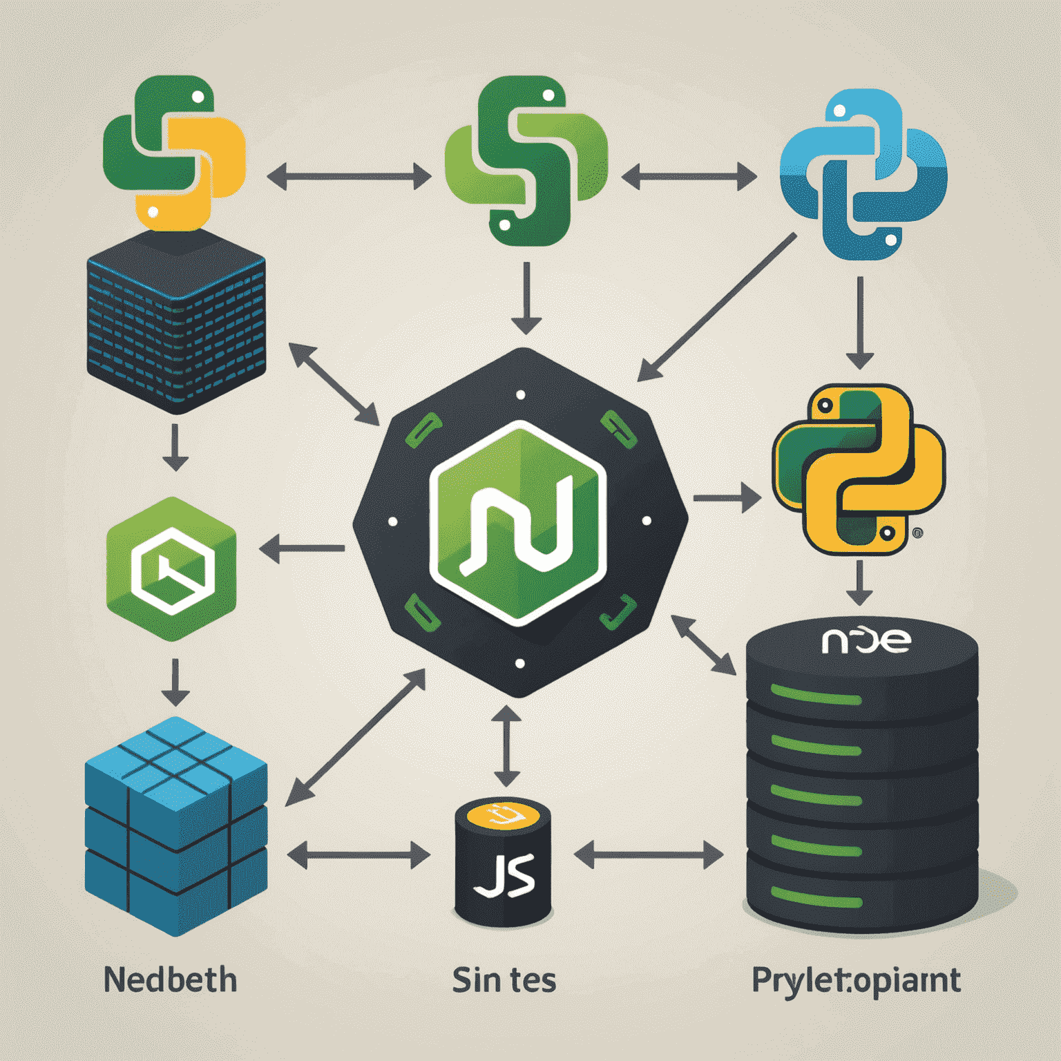 Сравнительная иллюстрация, показывающая логотипы Node.js и Python на весах. Рядом изображены серверы и базы данных, символизирующие бэкенд-разработку.