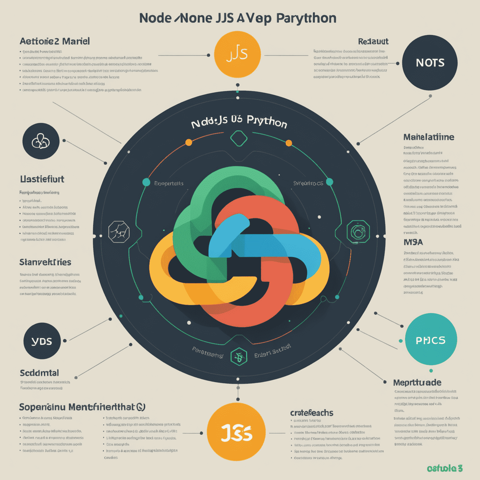 Сравнительная диаграмма, показывающая особенности Node.js и Python. Визуальное представление сильных сторон каждой технологии.